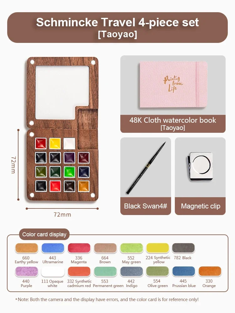 8/15Colors Schmincke Travel Wooden Handmade Watercolor Paint Tray Box Sketchbook Set Mini Walnut Palette Water Colour Brush Book