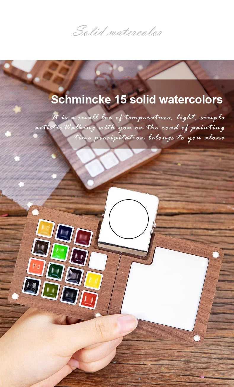 8/15Colors Schmincke Travel Wooden Handmade Watercolor Paint Tray Box Sketchbook Set Mini Walnut Palette Water Colour Brush Book