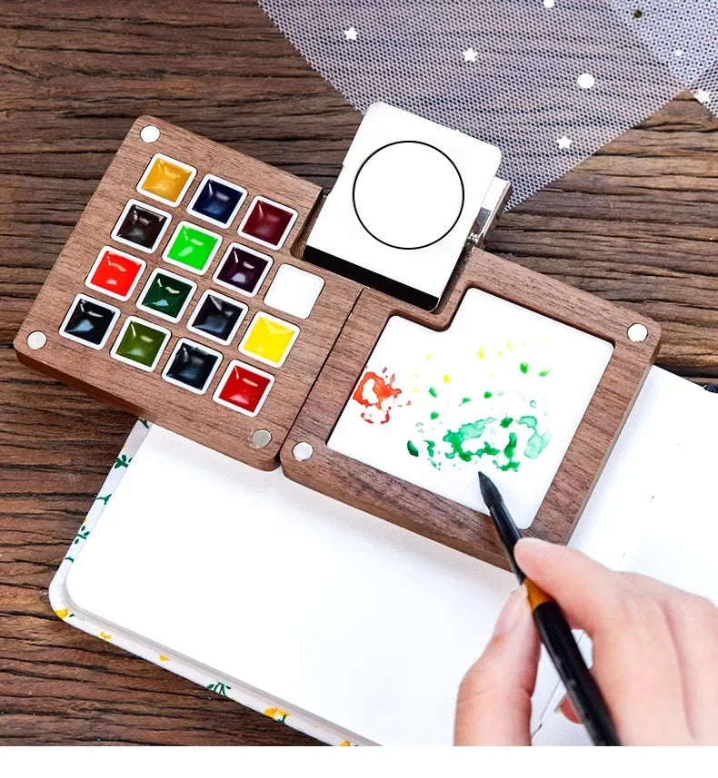 8/15Colors Schmincke Travel Wooden Handmade Watercolor Paint Tray Box Sketchbook Set Mini Walnut Palette Water Colour Brush Book