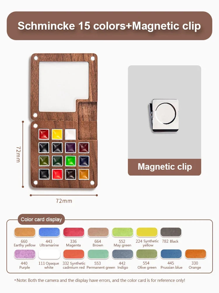 8/15Colors Schmincke Travel Wooden Handmade Watercolor Paint Tray Box Sketchbook Set Mini Walnut Palette Water Colour Brush Book